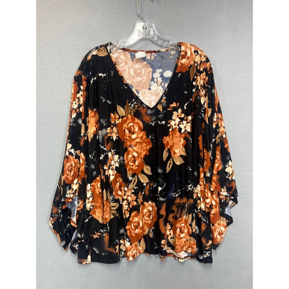Sew In Love Womens XL Floral Dolman Sleeve V-Neck Blouse Black Orange Rose Top